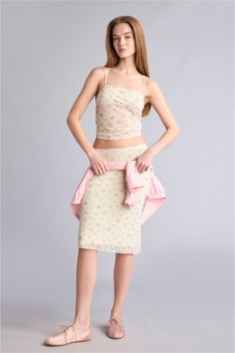 نساء أصفر Pencil Floral Normal Waist Tulle Midi Skirt