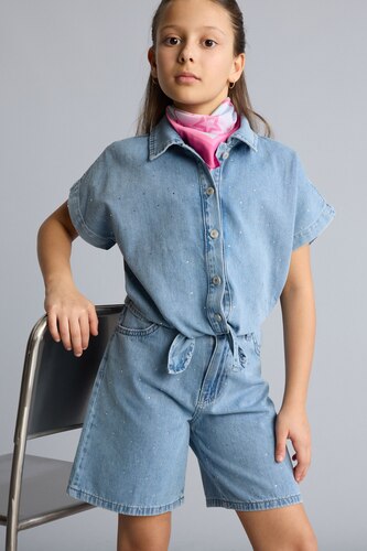 Kız Çocuk - Genç Kız Açık Mavi %100 Pamuk Denim Gömlek Kız Çocuk