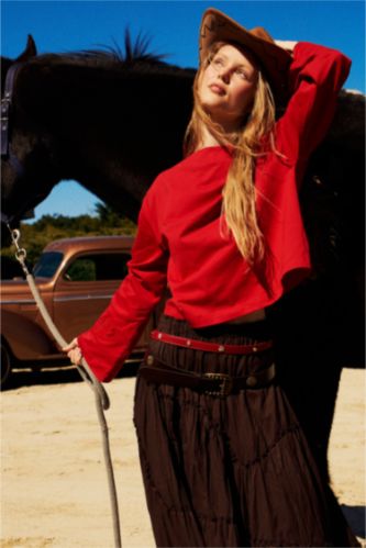 Women Red Relax Fit Long Sleeve Tunic
