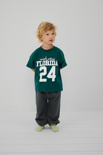 BABY BOY Dark Green Boy 2 piece Regular Fit Printed T-Shirt and Sweatpants Set