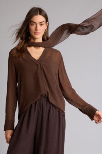 Woman Brown Regular Fit Shawl Collar Long Sleeve Blouse