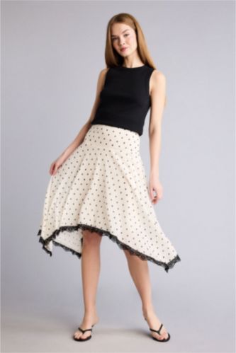 WOMAN Ecru Asymmetric Polka Dot Crepe Normal Waist Midi Knitted Skirt