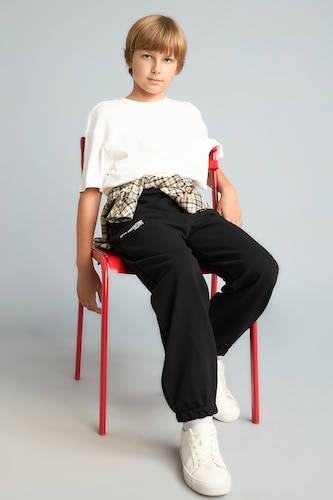 Young Boys - Teen Boys Black Boy Oversize Fit Elastic Waist Black Slogan Printed Sweatpants