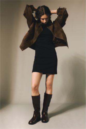 WOMAN Black Bodycon Boat Collar Ribana Mini Dress