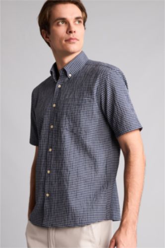 Men NAVY Regular Fit Crinkle Fabric Short Sleeve Shirt