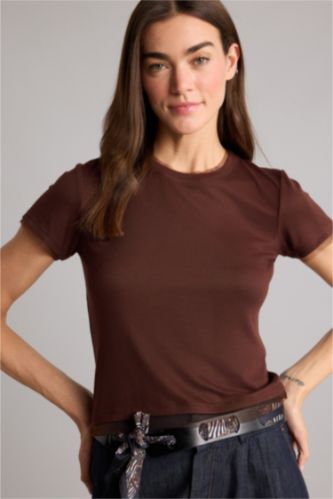 Kadın Kahve Slım Fıt Basıc Fitilli Kaşkorse Tişört