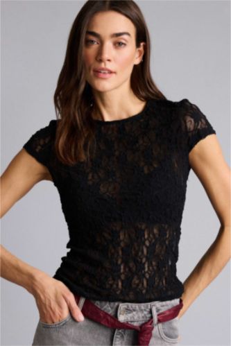 Kadın Siyah Slım Fıt Bisiklet Yaka Dantel Kısa Kollu Tişört