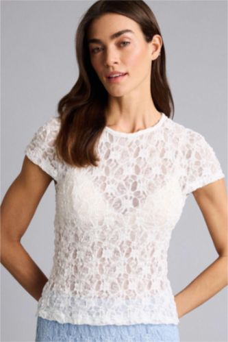 Kadın Ekru Slım Fıt Bisiklet Yaka Dantel Kısa Kollu Tişört
