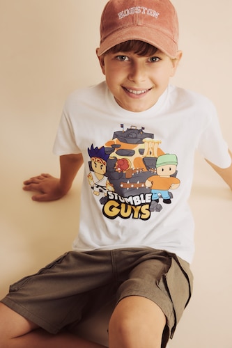 Erkek Çocuk - Genç Erkek Ekru %100 Pamuk Stumble Guys Lisanslı Tişört Erkek Çocuk