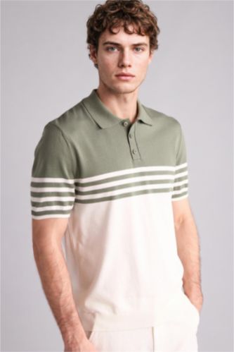 Erkek Haki Standart Fit Kısa kollu Çizgili Polo Tişört