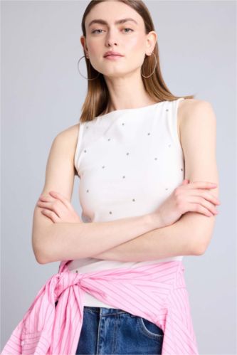 Kadın Ekru Slim Fit Ribana Atlet