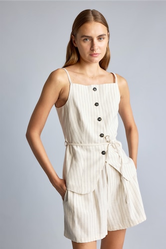 Women Doğal Açık Bej Suspender Linen Vest