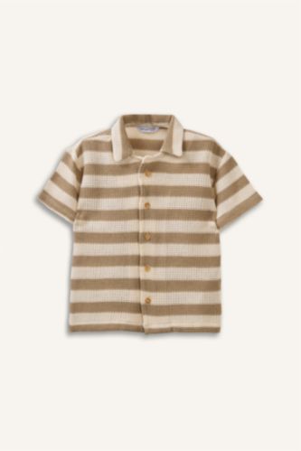 Erkek Bebek Bej Regular Fıt Jakarlı Kısa Kollu Polo Tişört Erkek Bebek