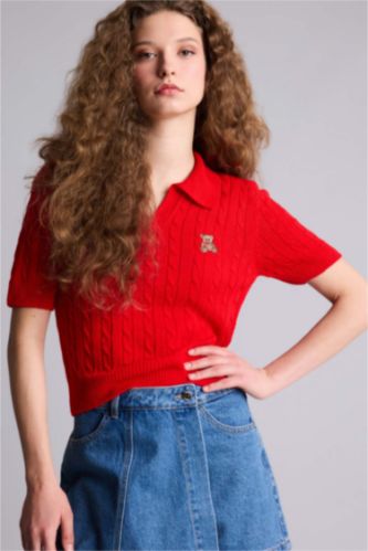 Kadın Kırmızı Slim Fit Ayıcıklı Kazak