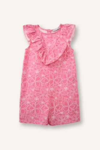 Kız Bebek Pembe Çiçekli Keten Tulum Kız Bebek