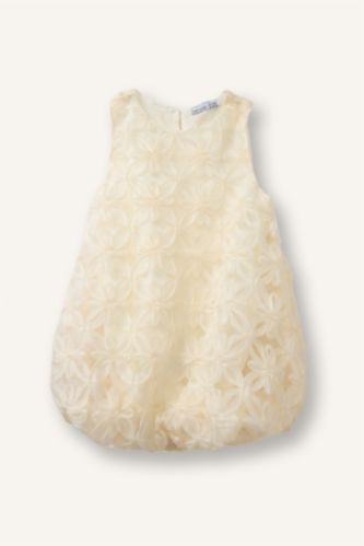 Kız Bebek Ekru Çiçekli Kolsuz Dantel Elbise Kız Bebek