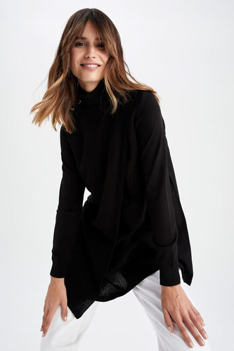 Basic Long Sleeve Front Wrap Turtleneck Sweater