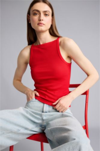 Kadın Kırmızı Slım Fıt Basıc Kayık Yaka Fitilli Kaşkorse Atlet