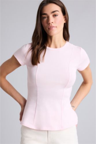 Kadın Açık Pembe Slım Fıt Ribana Tişört