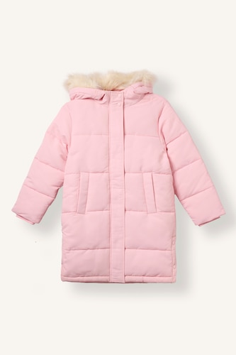 Kız Çocuk - Genç Kız Pembe Kürklü Kapüşonlu Parka Kız Çocuk