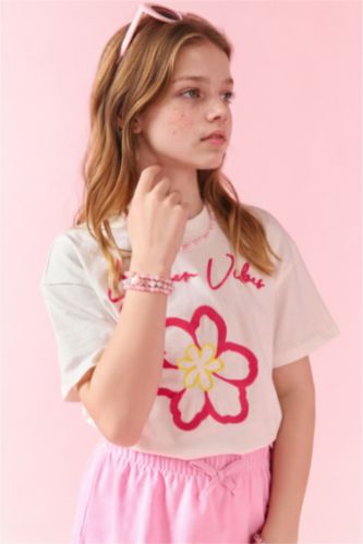 FILLES Écru T-shirt à manches courtes Floral Col arrondi Fille