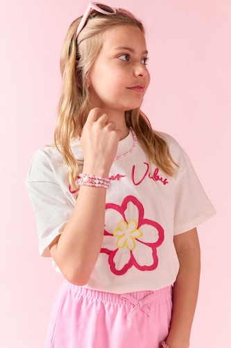 Young Girls - Teen Girls Ecru Regular Fit Floral Short Sleeve T-Shirt