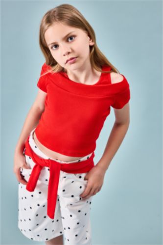GIRLS & TEENS Red تيشيرت نص كم مضلع