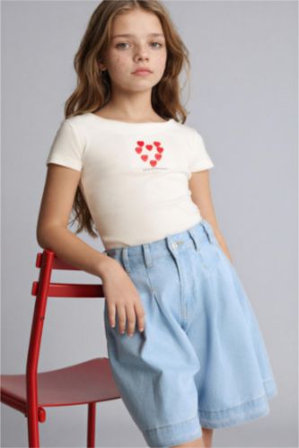 Девочки и подростки Светло-синий Футболка Regular Fit в рубчик с узором в виде сердечек и коротким рукавом для девочек