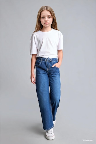 Girl Elastic Waist Wide Leg Jeans