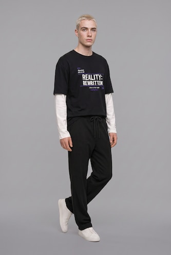 MAN Black 100% Cotton Boxy Fit Printed Layered Look T-shirt