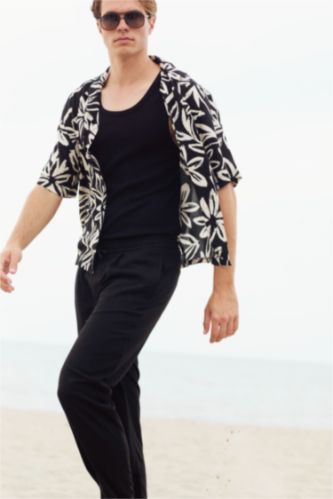 Man Black Boxy Fit Viscose Short Sleeve Shirt