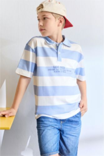 Young Boys - Teen Boys Light Blue Oversize Fit Slogan Short Sleeve Polo T-Shirt