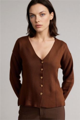 Kadın Kahve Regular Fıt V Yaka Triko Hırka