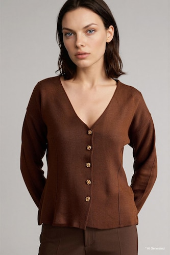 Women Brown Regular Fit V-Neck Knitwear Cardigan
