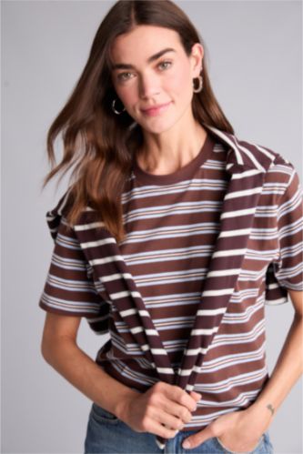 Kadın Kahve Relax Fıt Bisiklet Yaka Çizgili Kısa Kollu Tişört