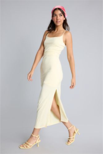 Kadın Açık Sarı Bodycon Askılı Midi Elbise