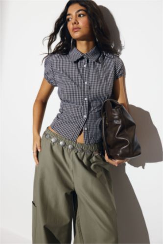 Women Brown Slim Fit Cotton Short Sleeve Shirt