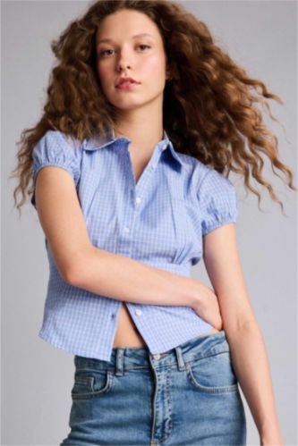 Kadın Mavi Fıtted Gömlek Yaka Kareli Pamuklu Kısa Kollu Gömlek