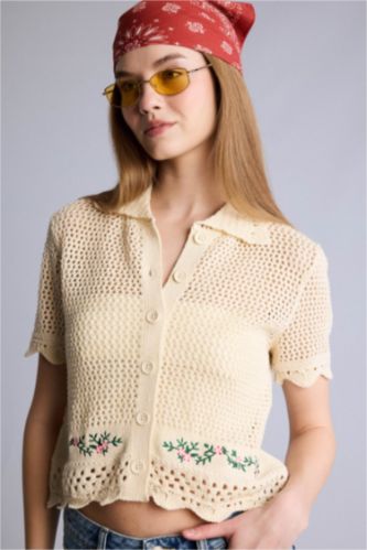 Kadın Ekru Regular Fıt Triko Gömlek