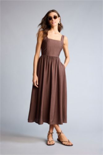 Kadın Açık Kahve Askılı Midi Elbise