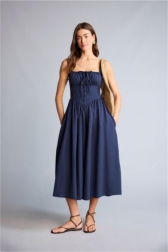 Kadın Lacivert Askılı Midi Elbise