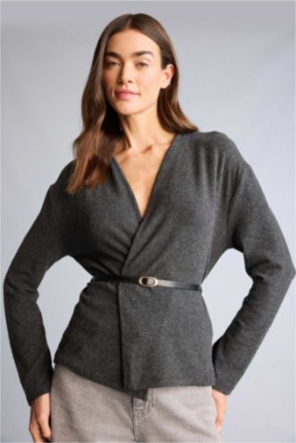 Kadın Antrasit Wrap Yaka Kemerli Hırka