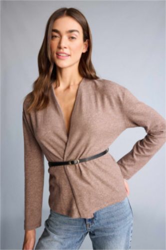 Kadın Kahve Melanj Wrap Yaka Kemerli Hırka