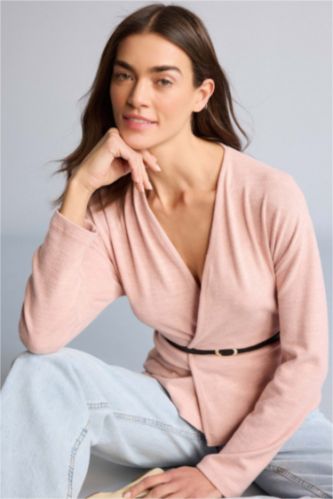 Kadın Açık Pembe Wrap Yaka Kemerli Hırka