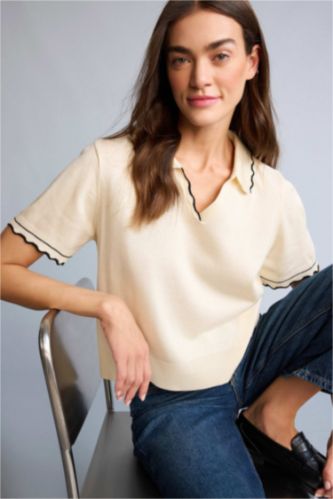 Woman White Regular Fit Polo Collar Pullover