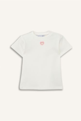 Kız Bebek Kırık Beyaz Kalp Desenli Fitilli Kaşkorse Kısa Kollu Tişört Kız Bebek