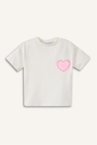 Kız Bebek Ekru Kalp desenli Tişört Kız Bebek