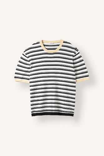 Relaxed Fit Crew Neck Short Sleeve Striped Ribbed Knitted T-Shirt