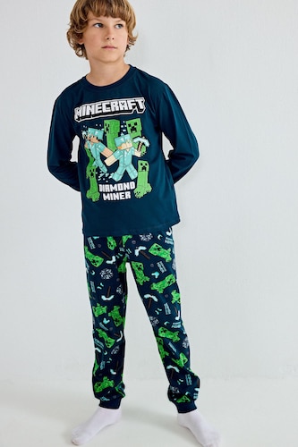 Young Boys - Teen Boys Dark Green 2 piece Regular Fit Minecraft Licensed Knitted Pyjamas