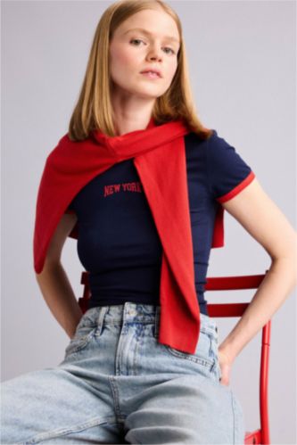 Kadın Lacivert Fitted Kısa kollu Tişört